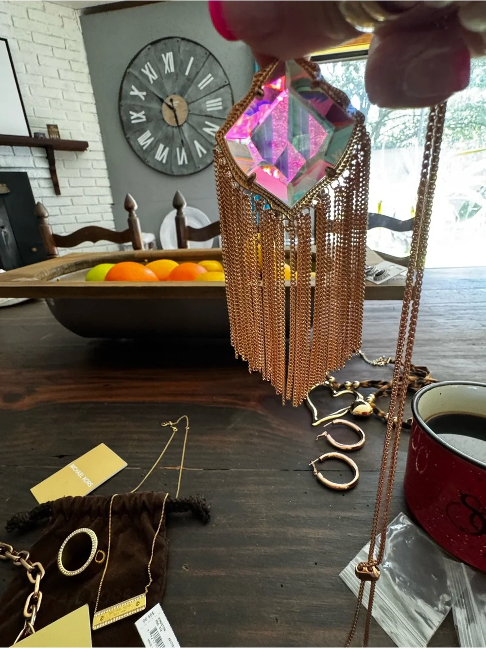 KENDRA SCOTT Rose Gold Fringe Pendant Necklace with Iridescent Crystal